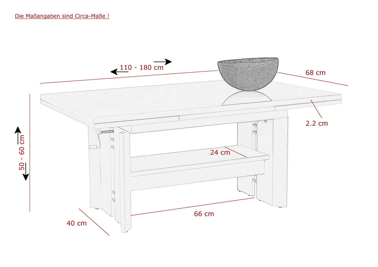 Couchtisch DARIO 110-180 x 68 cm weiß