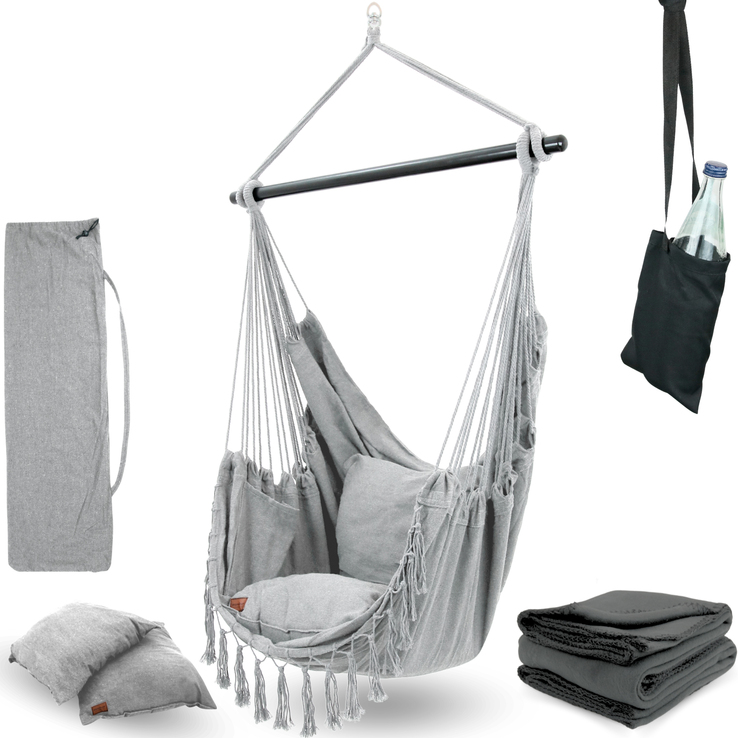 deluxe4home Hängesessel BOHO 4-teilig hellgrau