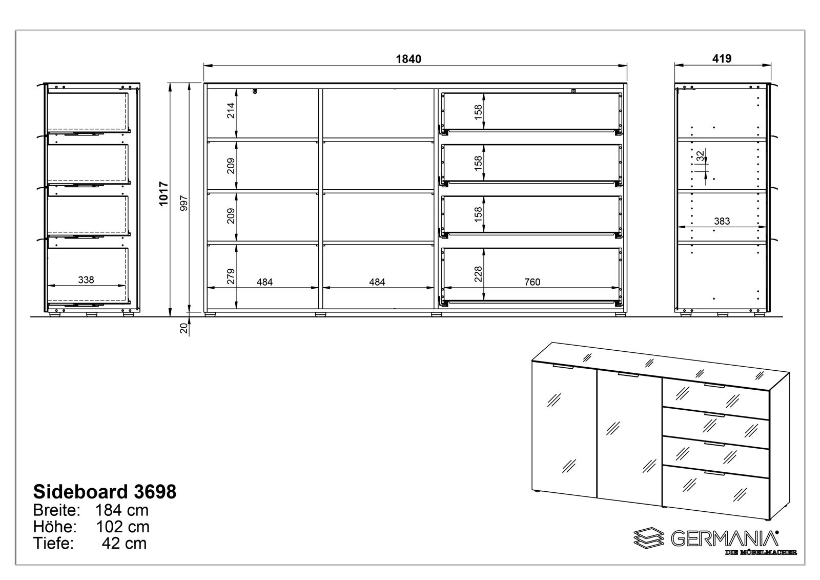 CASAVANTI Sideboard OAKLAND 134 x 102 cm Glas Weiß/Weiß