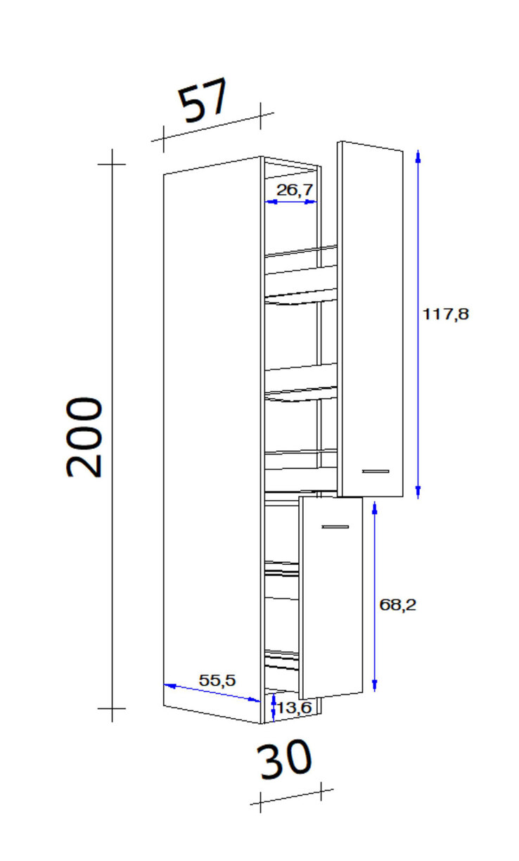 Küchen Apothekerschrank WITO 30 x 200 x 57 cm weiß