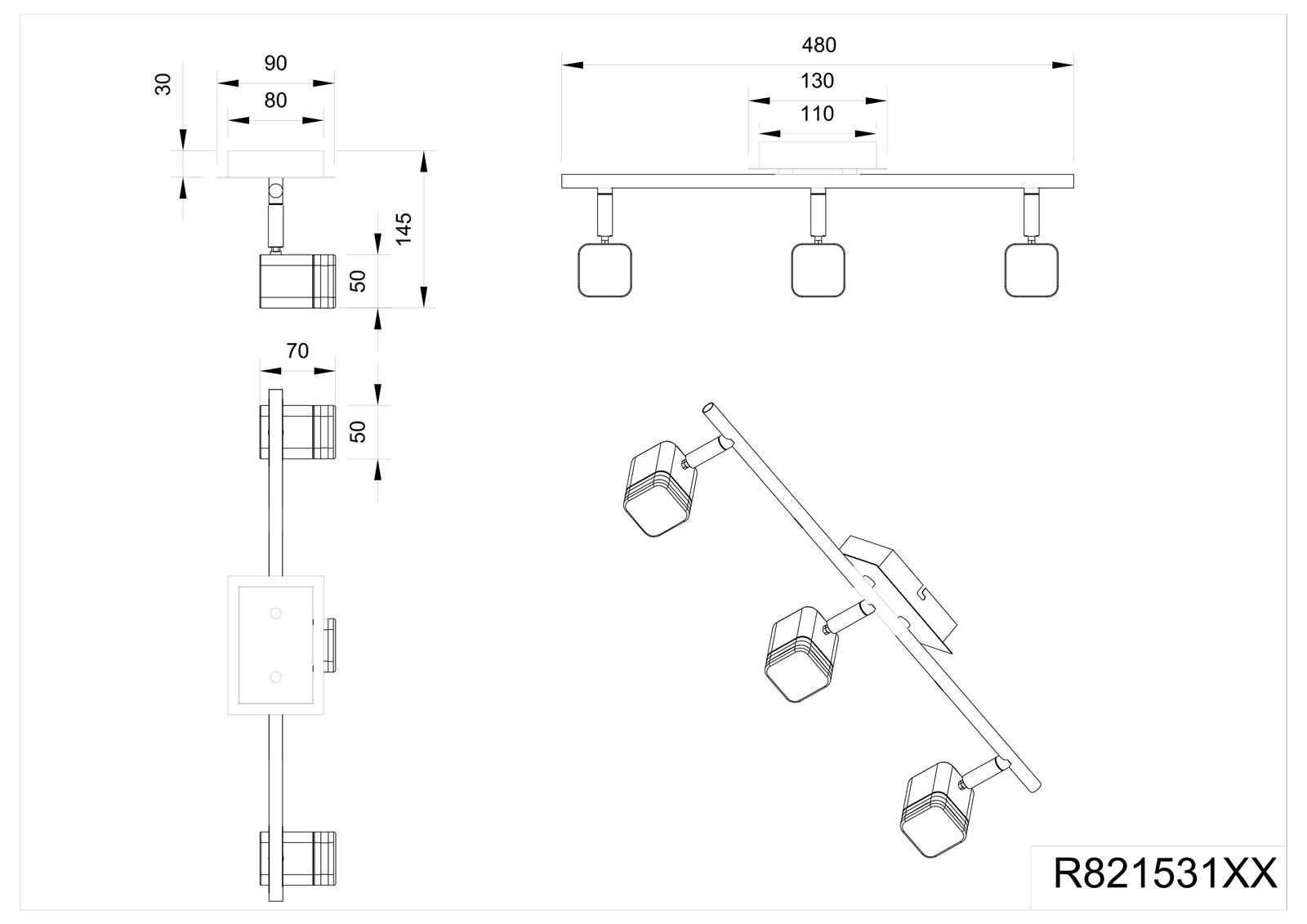 RL LED Deckenlampe ROUBAIX mit 3 Spots nickelfarbig