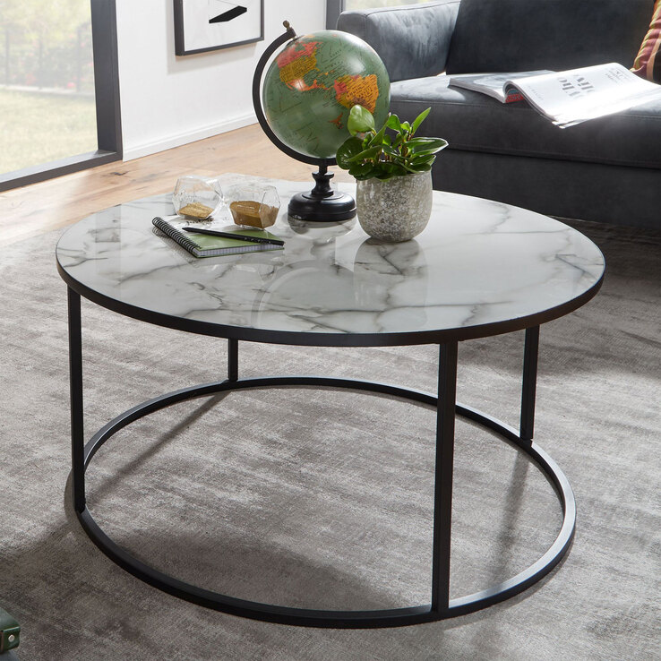 Couchtisch rund 80 cm Schwarz/ Marmor Optik Weiß