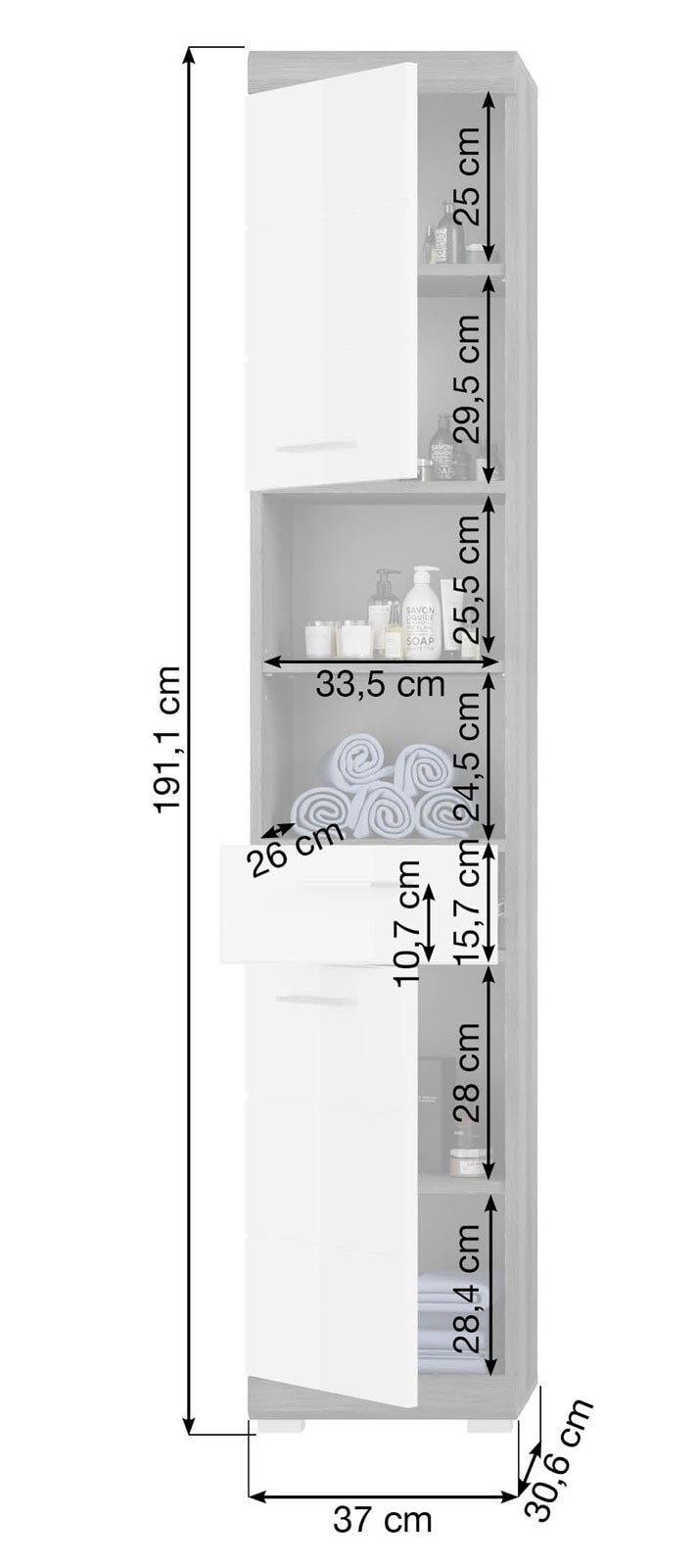 Hochschrank SCOUT 37 x 191 cm grau/ weiß Hochglanz