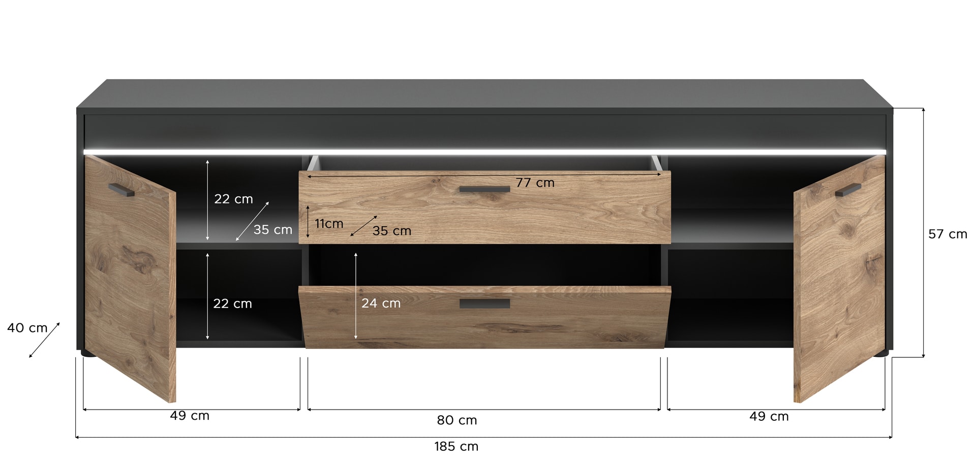 Lowboard DANIO 185x57 cm Grau/Nox Oak NB