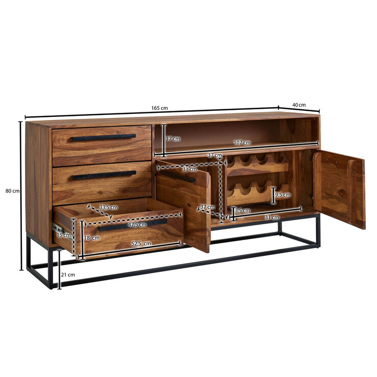 Sideboard 165 x 80 cm Schwarz/ Sheesham massiv