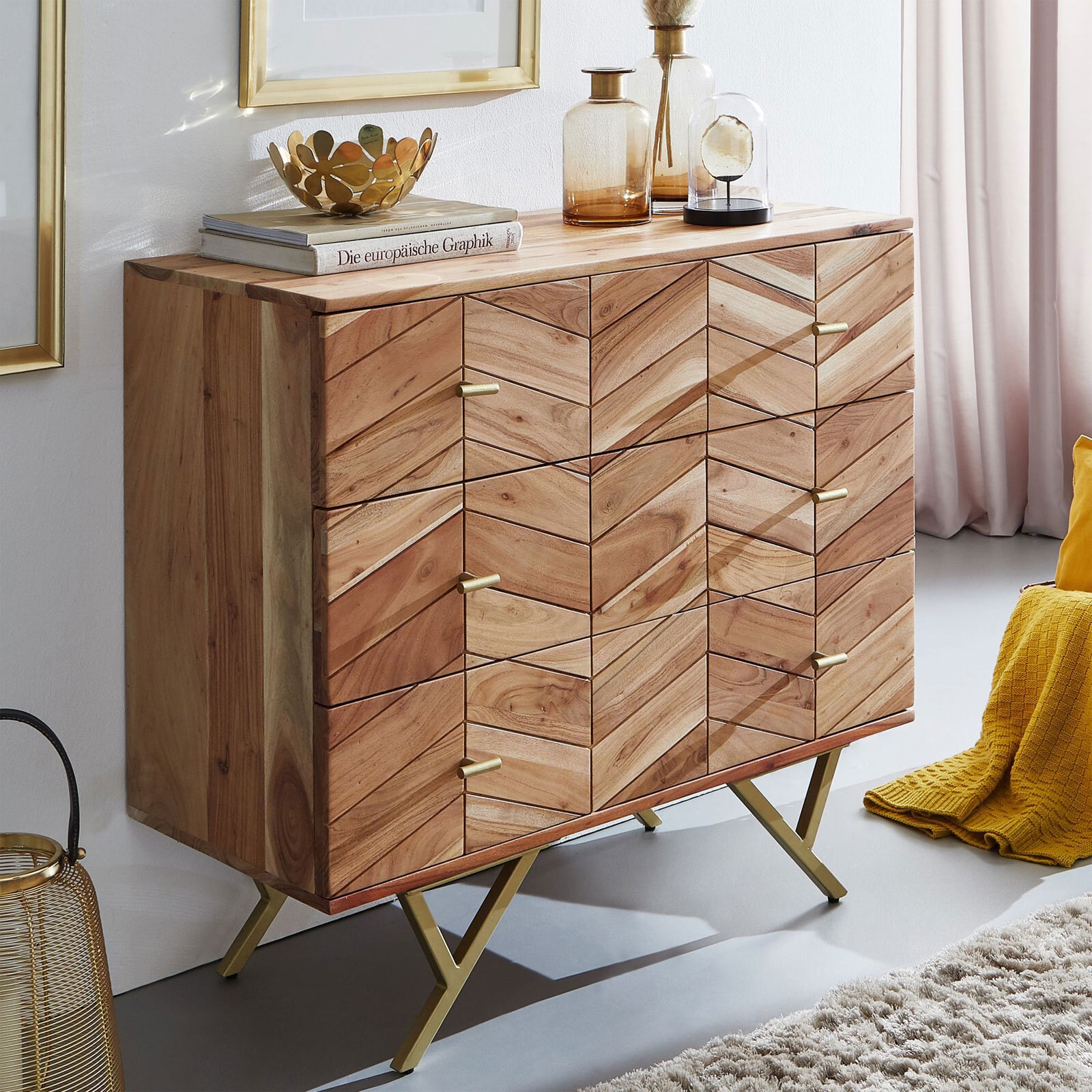 Sideboard 90 x 86 cm Goldfarbig/ Akazie massiv