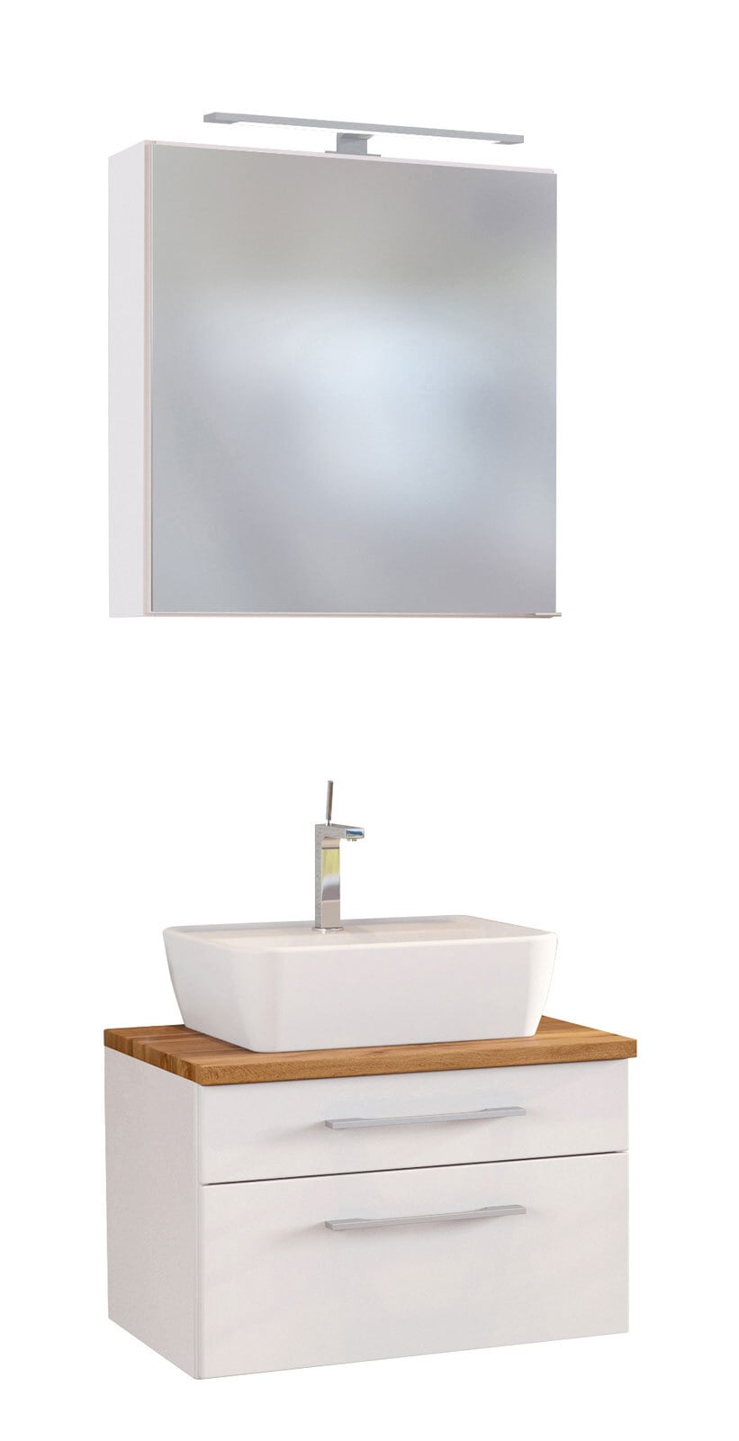 Badkombination DAVOS 3-teilig mit Spiegelschrank 60 cm Weiß matt/ Wotan Eiche