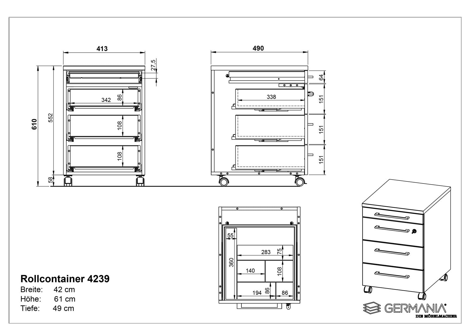 Rollcontainer ISORNO 42 x 61 cm Lichtgrau