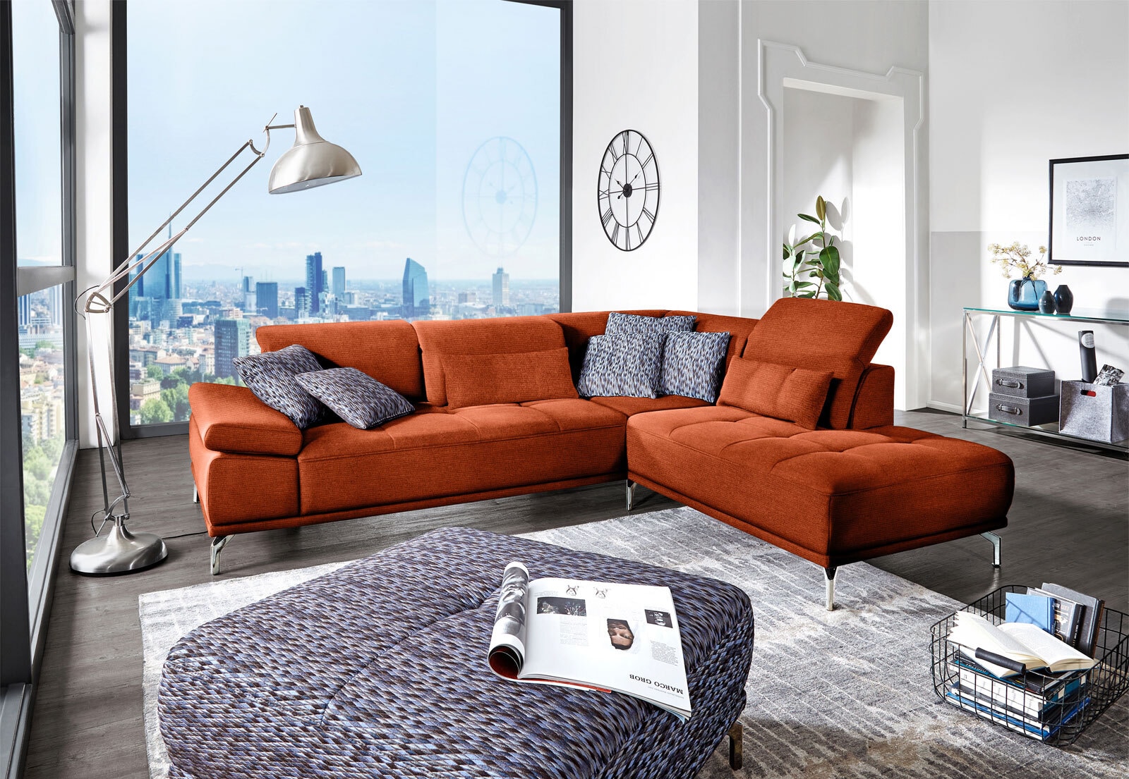 Ecksofa CALUNA 273 x 234 cm Stoffbezug terraorange