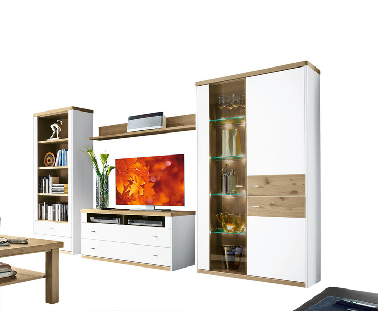 CASAVANTI Wohnwand ANDORRA 350 x 184 x 41 cm Asteiche furniert/ Lack weiß