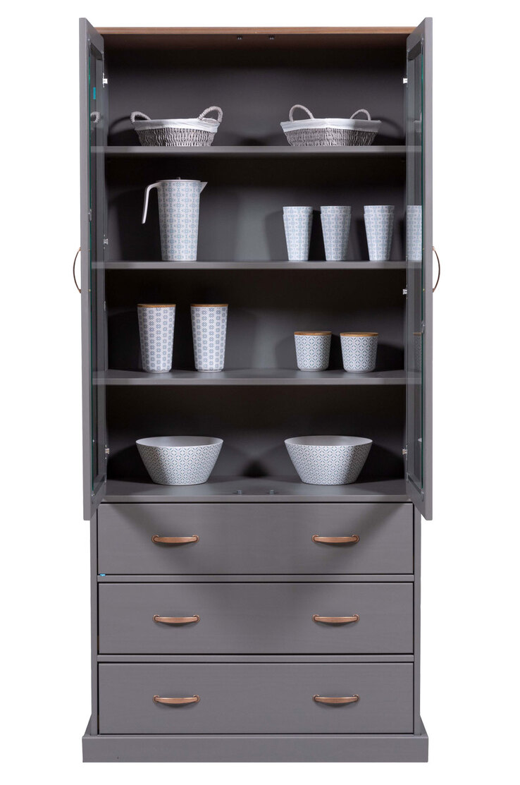 Vitrine NICLAS 90x190x38,4 cm Massivholz grau