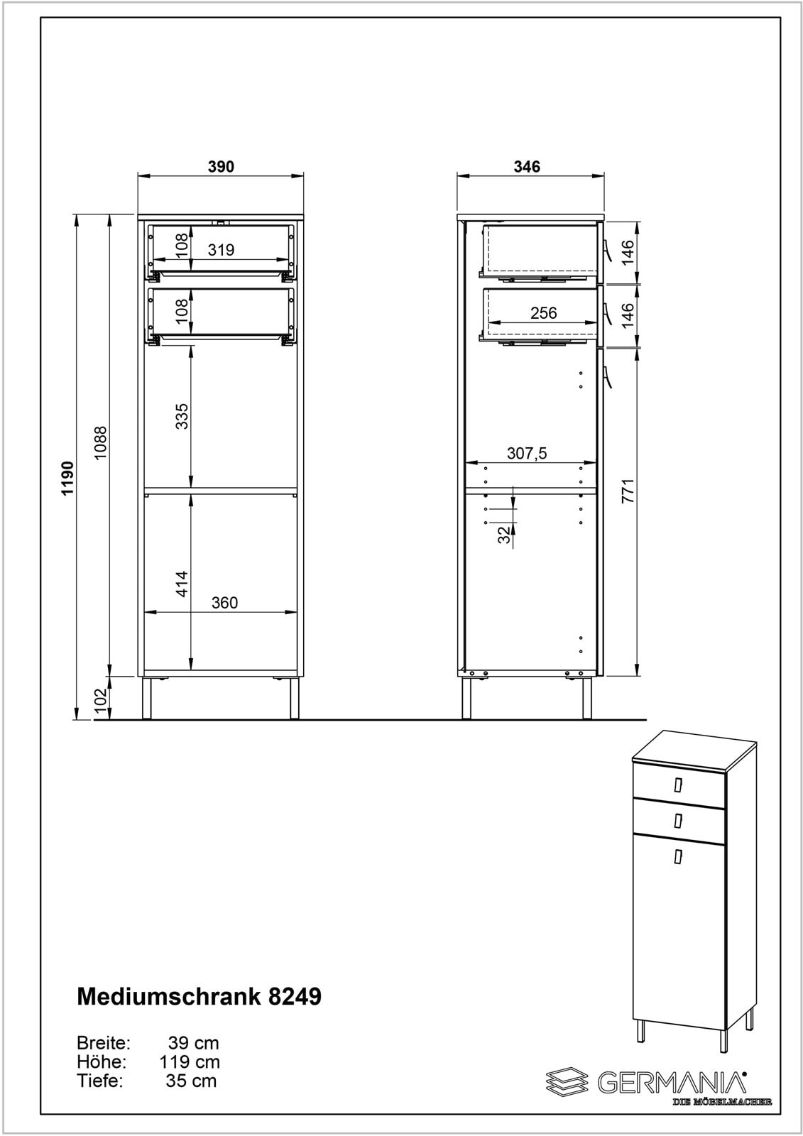 Mittelschrank JONA 39 x 119 cm Weiß