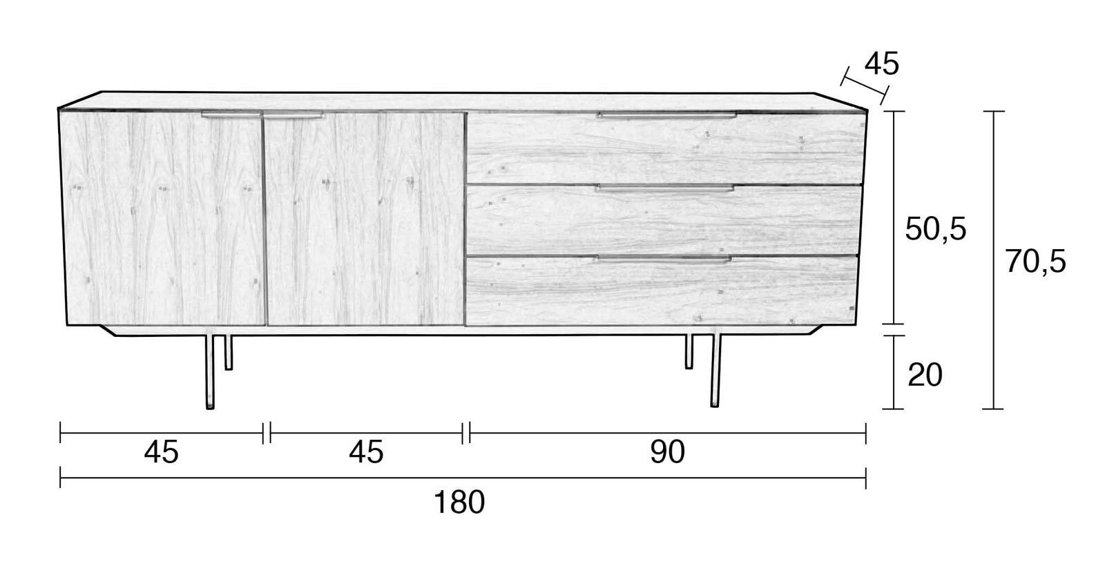 zuiver Sideboard TRAVIS 180 x 70,5 cm Echtholzfurnier walnussbraun