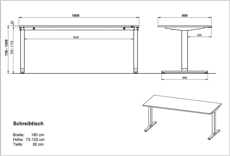 Schreibtisch AGENDA Höhenverstellbar 180 x 80 cm Graphit/ Navarra Eiche