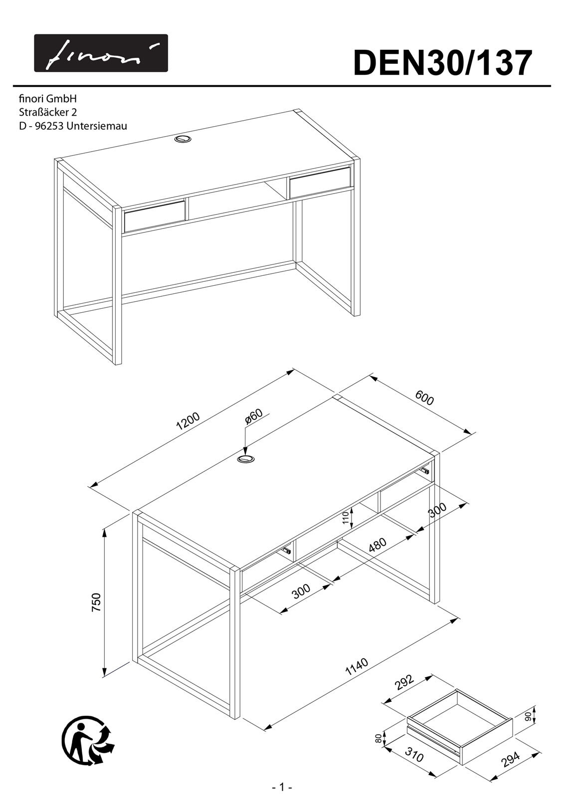 Schreibtisch DENVER 120 x 60 cm anthrazit/ Artisan Oak