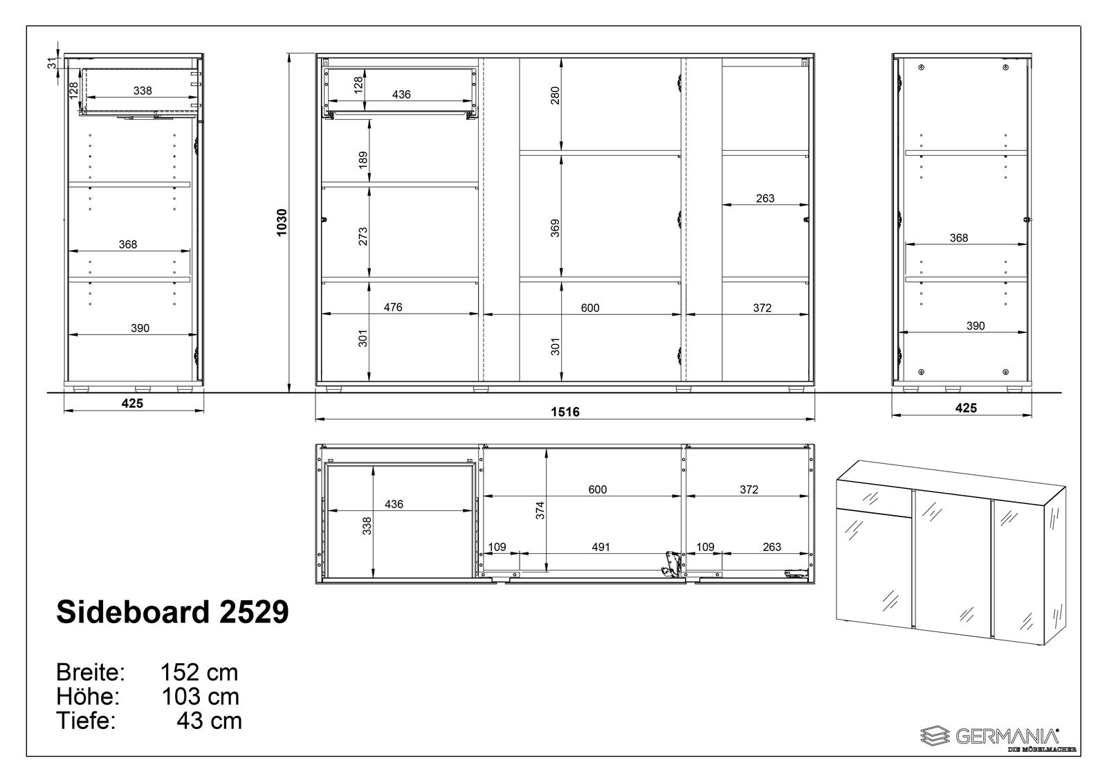 CASAVANTI Sideboard MATZ 152 x 103 cm grau