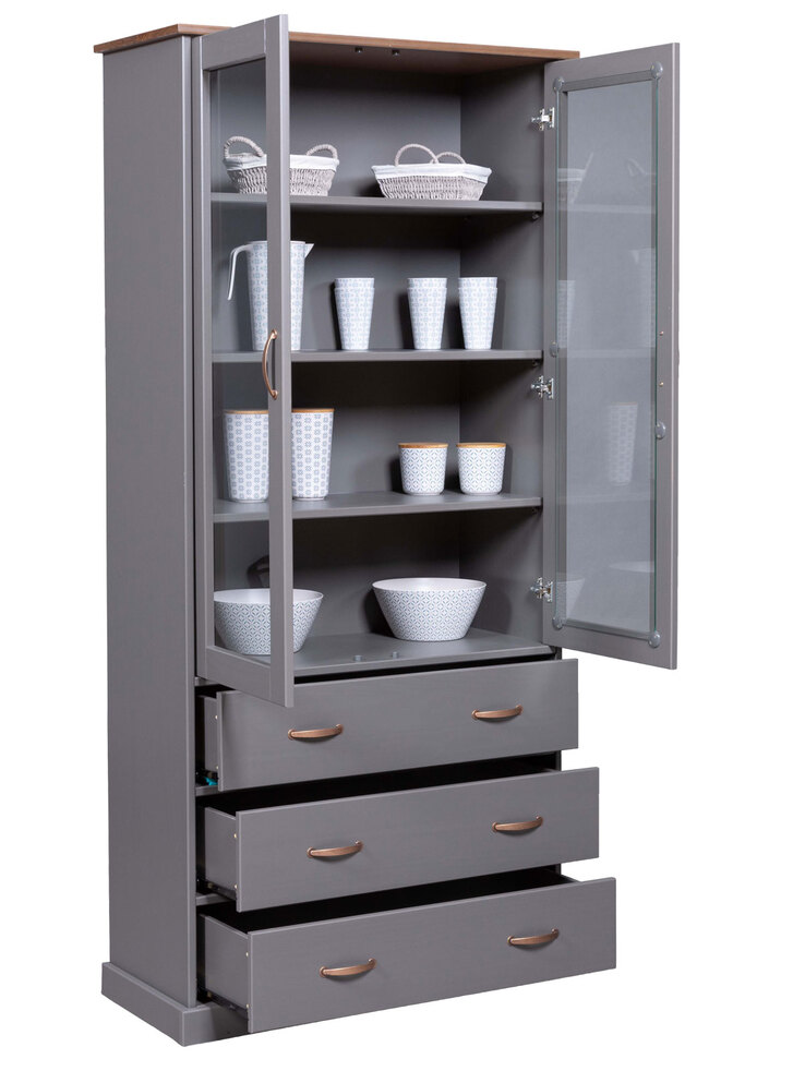 Vitrine NICLAS 90x190x38,4 cm Massivholz grau