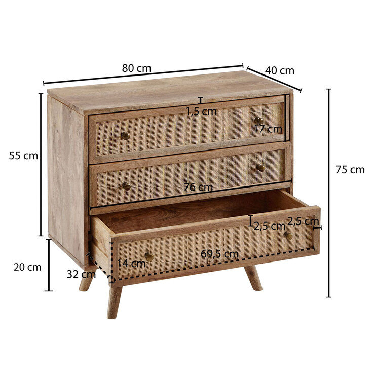 Sideboard 80 x 75 cm Mango massiv und Rattan