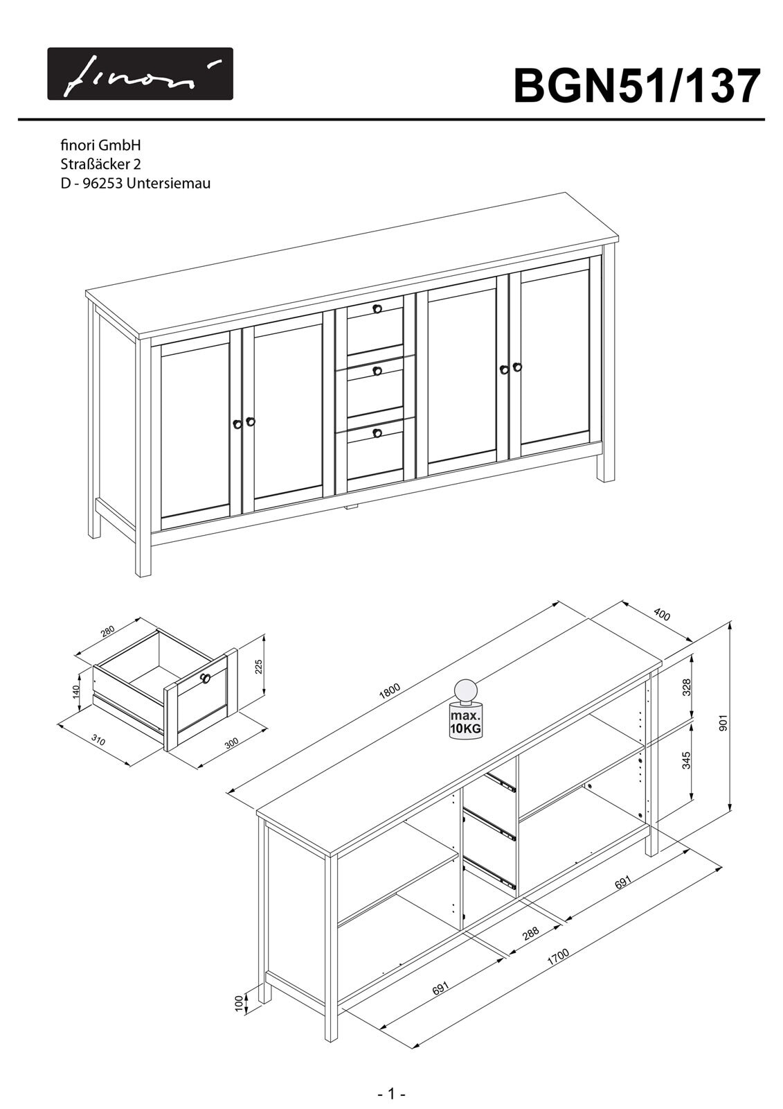 Sideboard BERGEN 180 x 90 cm weiß/Artisan Oak