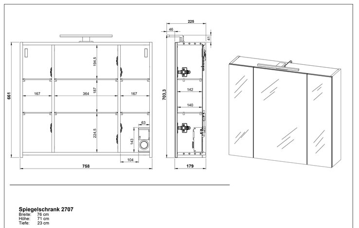 CASAVANTI Spiegelschrank ZINO 76 x 75 cm Navarra Eiche