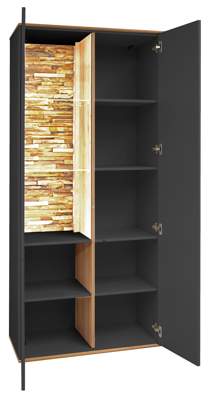 Vitrinenschrank COMO 81 x 180 cm Anthrazit matt Lack/Asteiche-Dekor