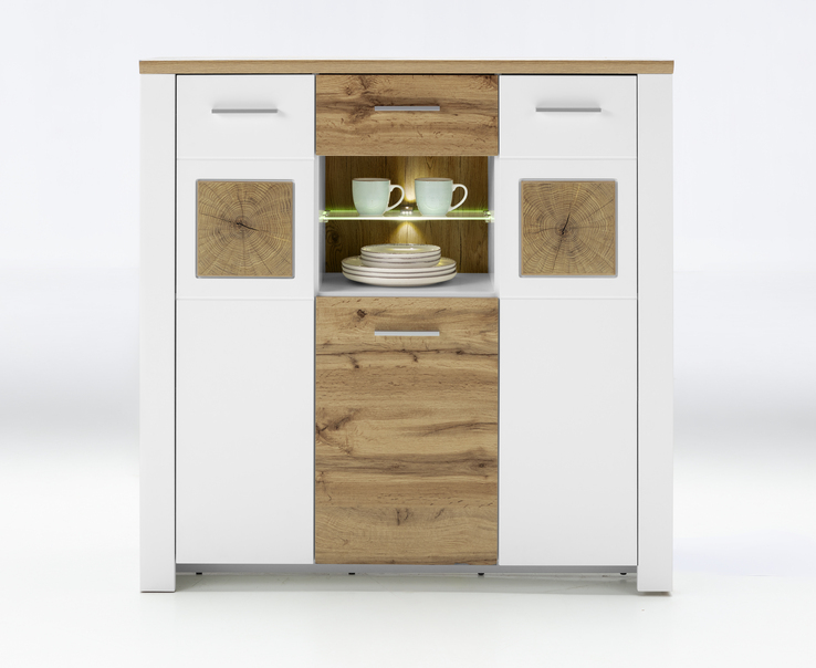 LIV'IN Highboard MATERA 122x122 cm Weiß supermatt / Eiche Nachbildung