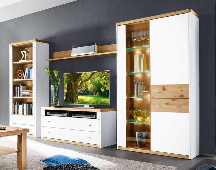 CASAVANTI Wohnwand ANDORRA 350 x 184 x 41 cm Asteiche furniert/ Lack weiß