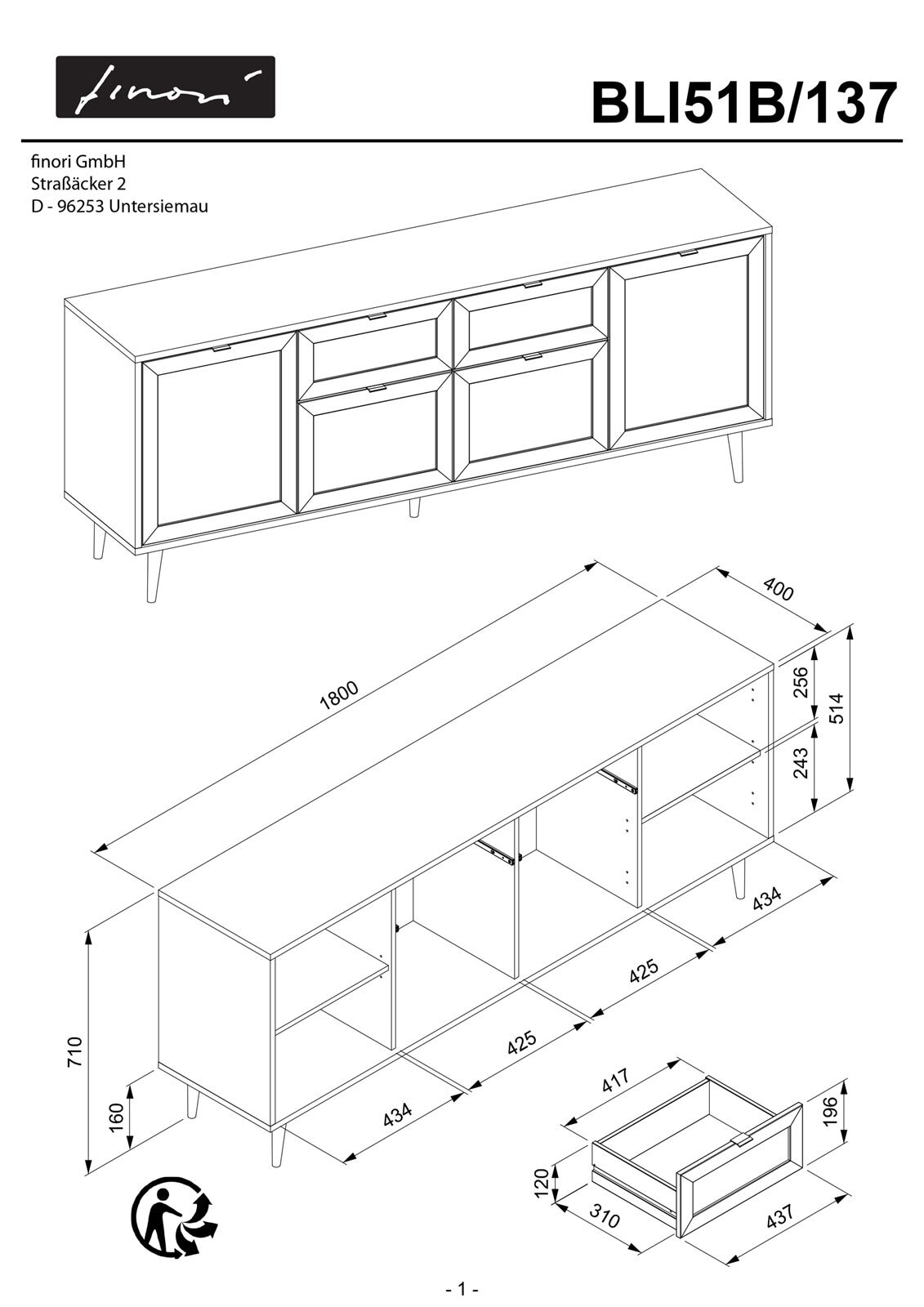 Sideboard BALI 180 x 71 cm Sonoma Eiche/ Rafia Geflecht