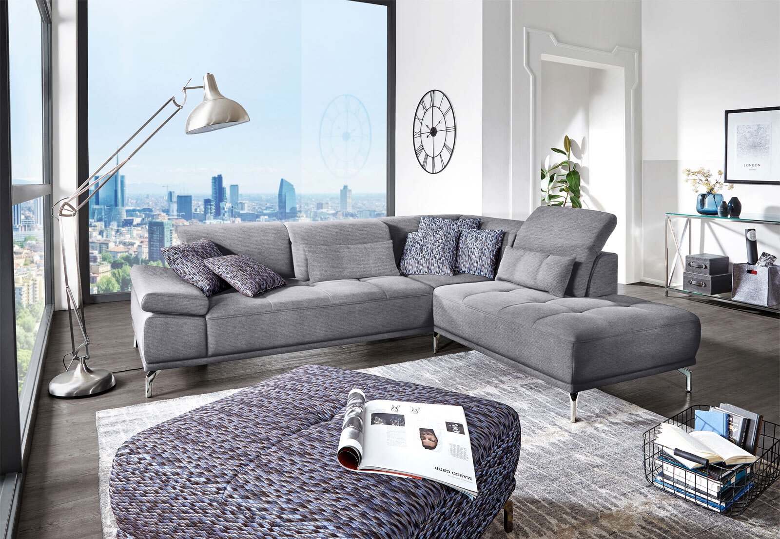 Ecksofa CALUNA 273 x 234 cm Stoffbezug silvergrau