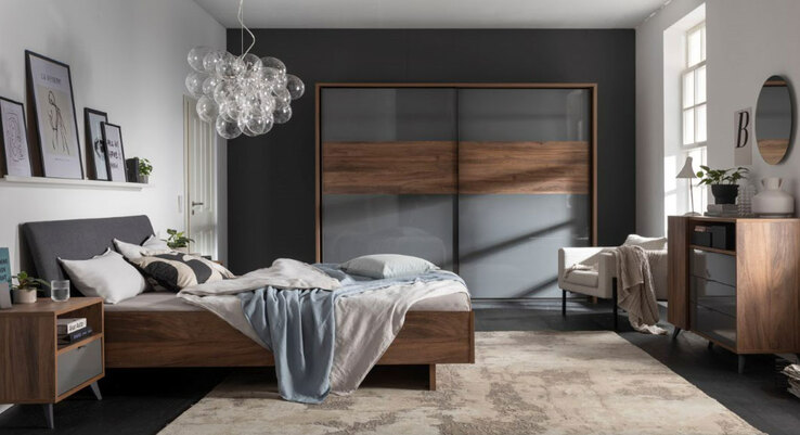 Schwebetürenschrank INFINITO Brera Nussbaum/ Hochglanz grau