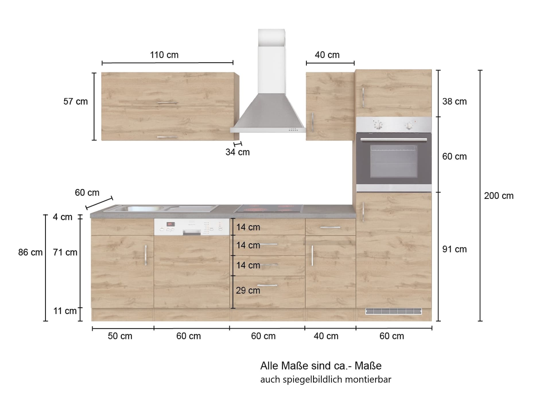 Küchenzeile ODENSE Wotan Eiche Dekor/ Graphit/ Anthrazit 270 cm