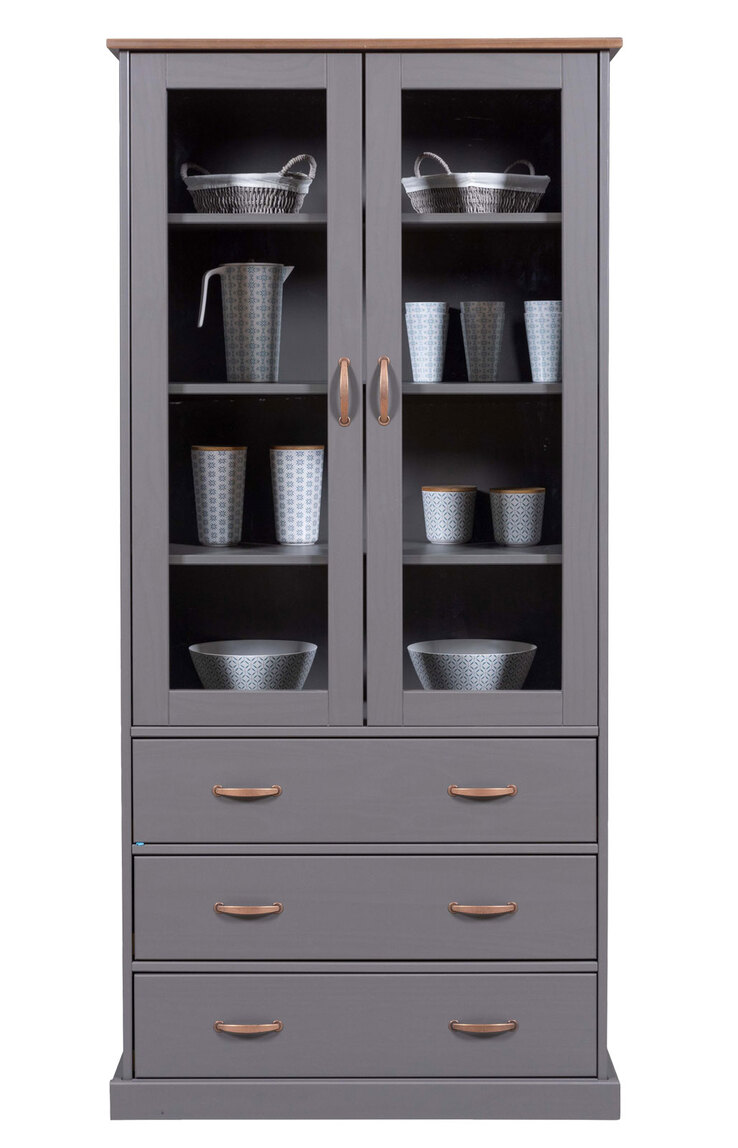 Vitrine NICLAS 90x190x38,4 cm Massivholz grau