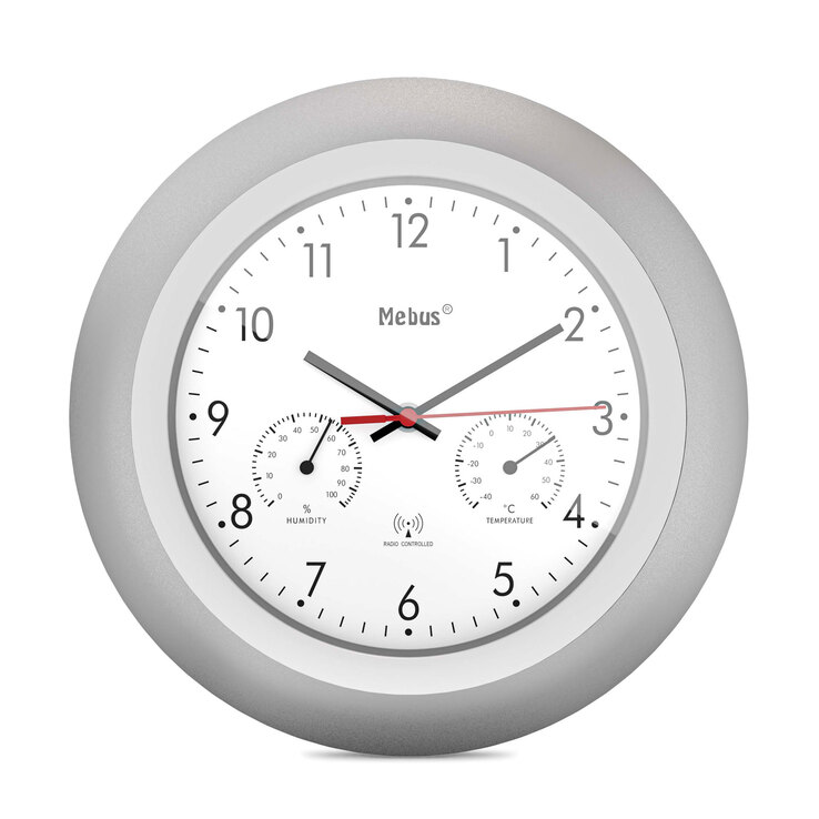 Mebus Funk-Wanduhr mit Thermo- und Hygrometer 30 cm silberfarbig