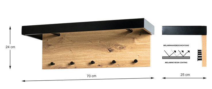 Wandgarderobe 70 x 24 cm Schwarz/ Eiche