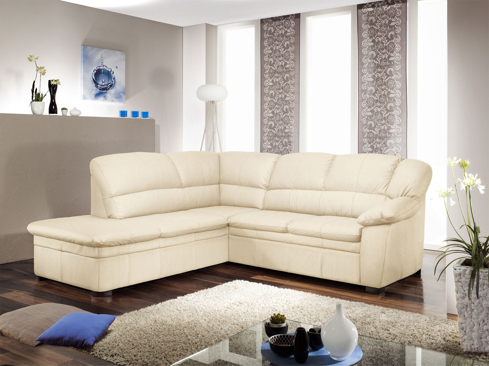 Ecksofa MORTON 250 x 232 cm mit Schlaffunktion rechts Lederbezug weiß