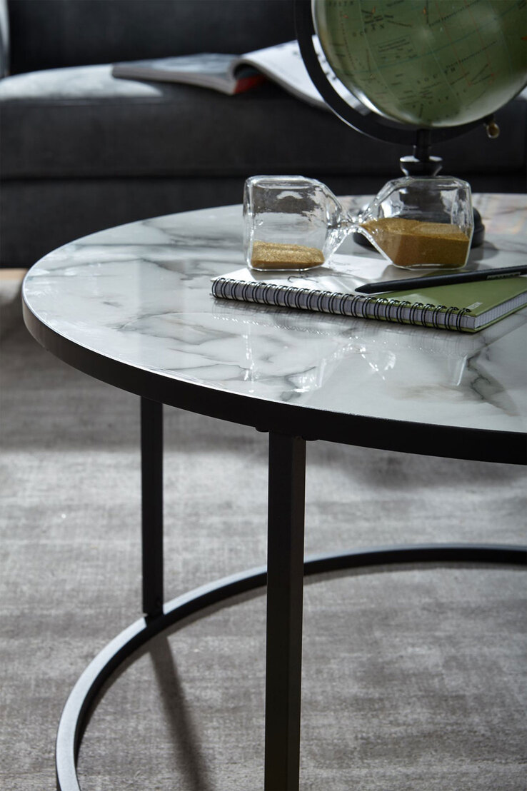 Couchtisch rund 80 cm Schwarz/ Marmor Optik Weiß