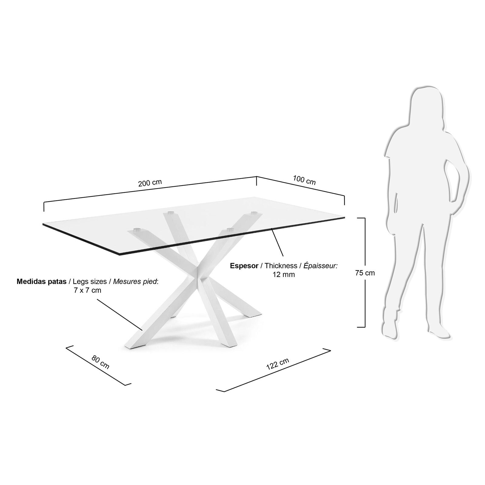 Kave Home Esstisch ARGO 200 x 100 cm weiß /Klarglas