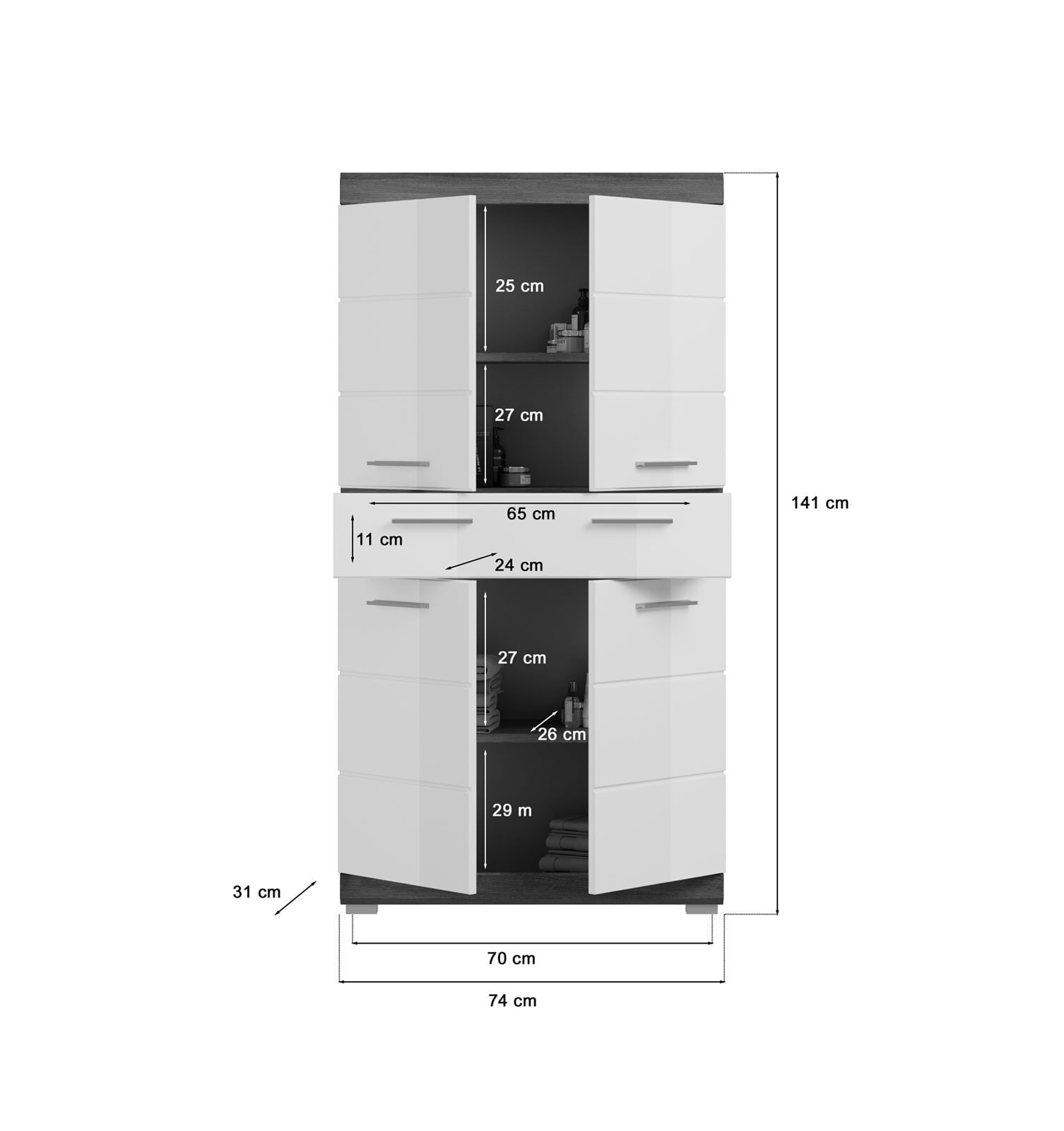 Highboard SCOUT 74 x 141 cm grau/ weiß Hochglanz