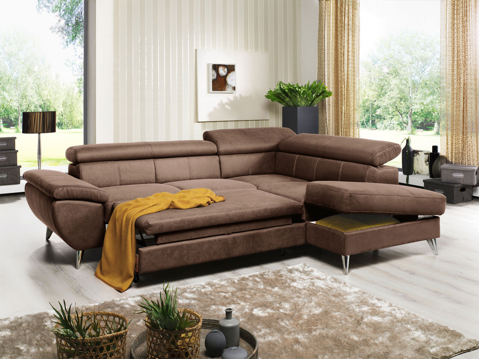 Ecksofa HALLS CREEK mit Schlaffunktion links 260 x 207 cm Stoffbezug braun