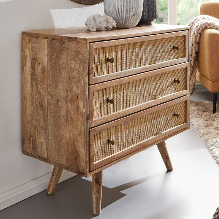 Sideboard 80 x 75 cm Mango massiv und Rattan