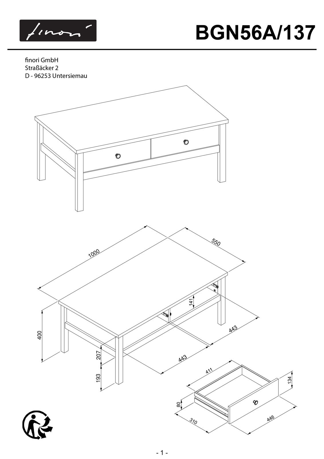 Couchtisch BERGEN 100 x 55 cm weiß/ Artisan Oak