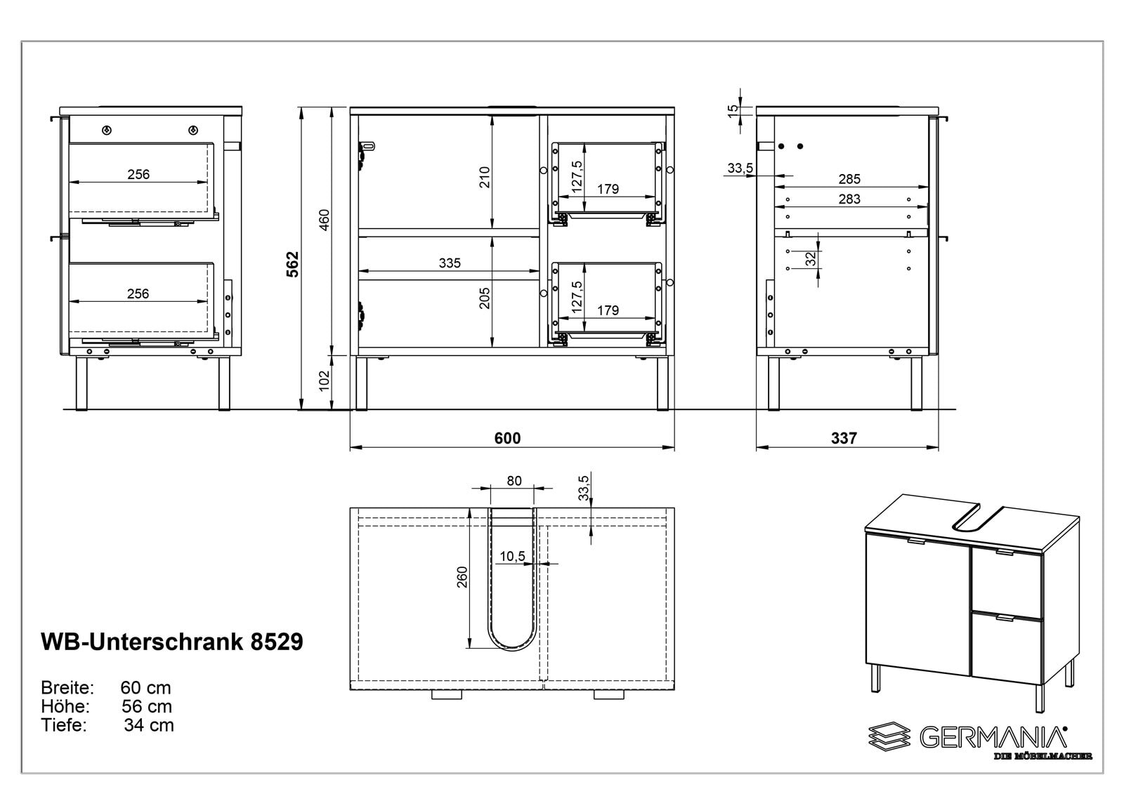 Waschbeckenunterschrank FEY 60 cm Eiche/ HG Weiß
