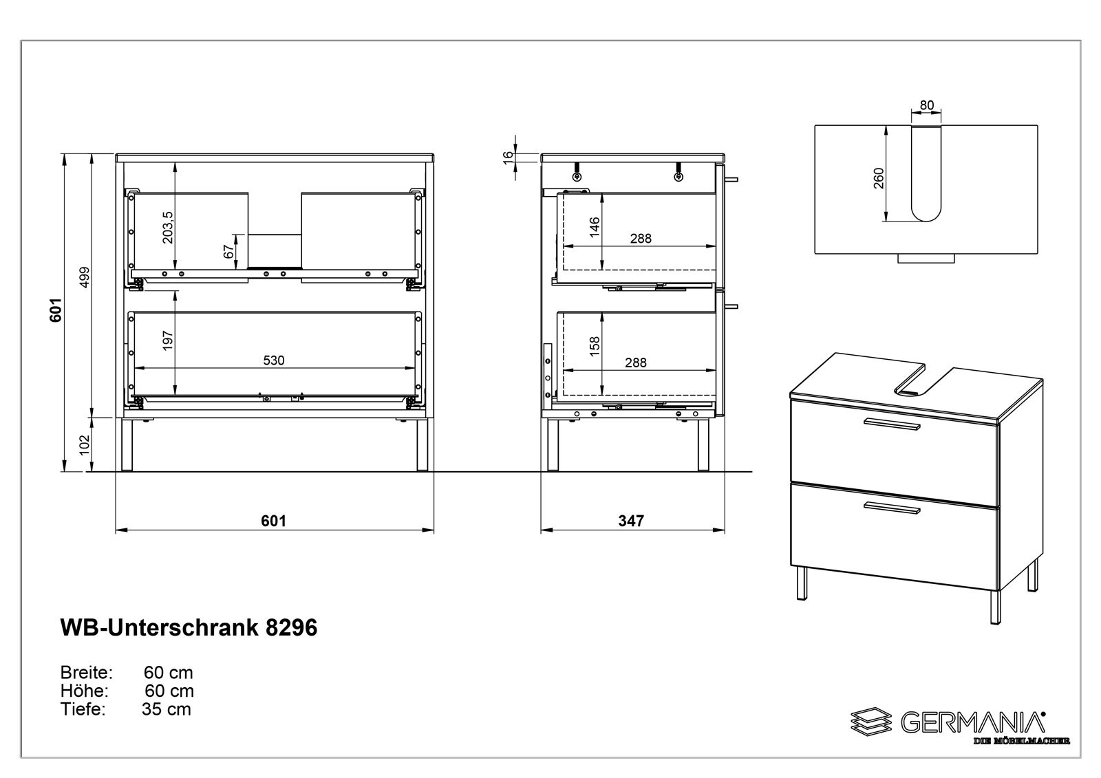 CASAVANTI Waschbeckenunterschrank ABBY 60 x 61 x 35 cm Holznachbildung weiß 