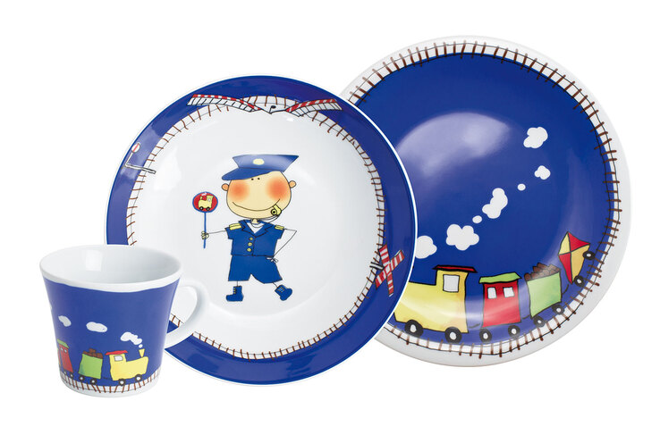 KAHLA Kindergeschirr ABENTEUEREXPRESS 3 teilig Blau mit Motiv