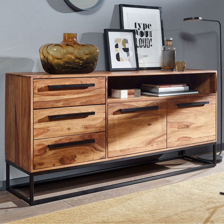 Sideboard 165 x 80 cm Schwarz/ Sheesham massiv