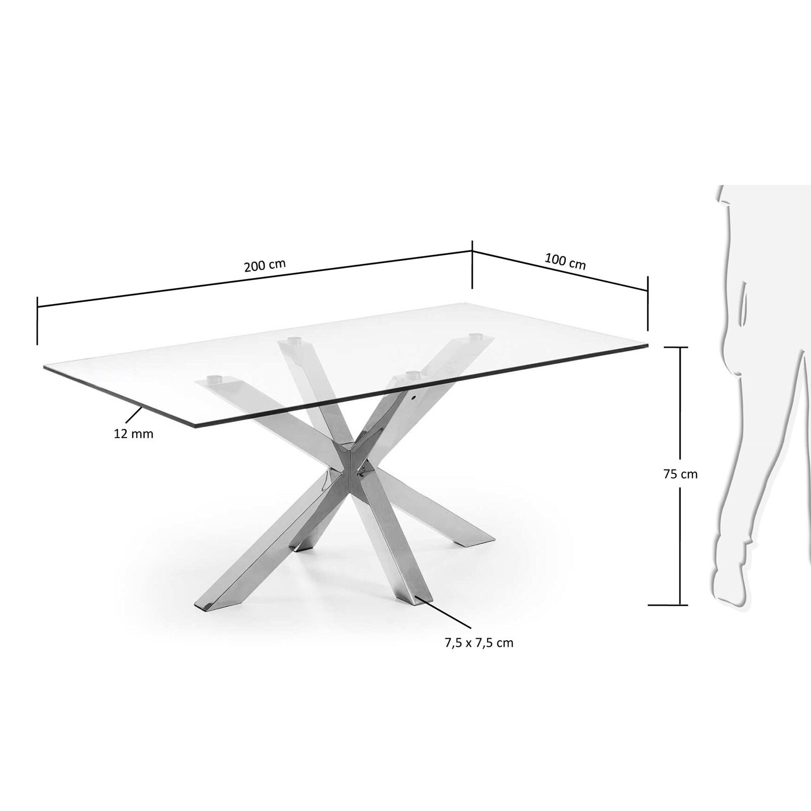 Kave Home Esstisch ARGO 200 x 100 cm stainless /Klarglas